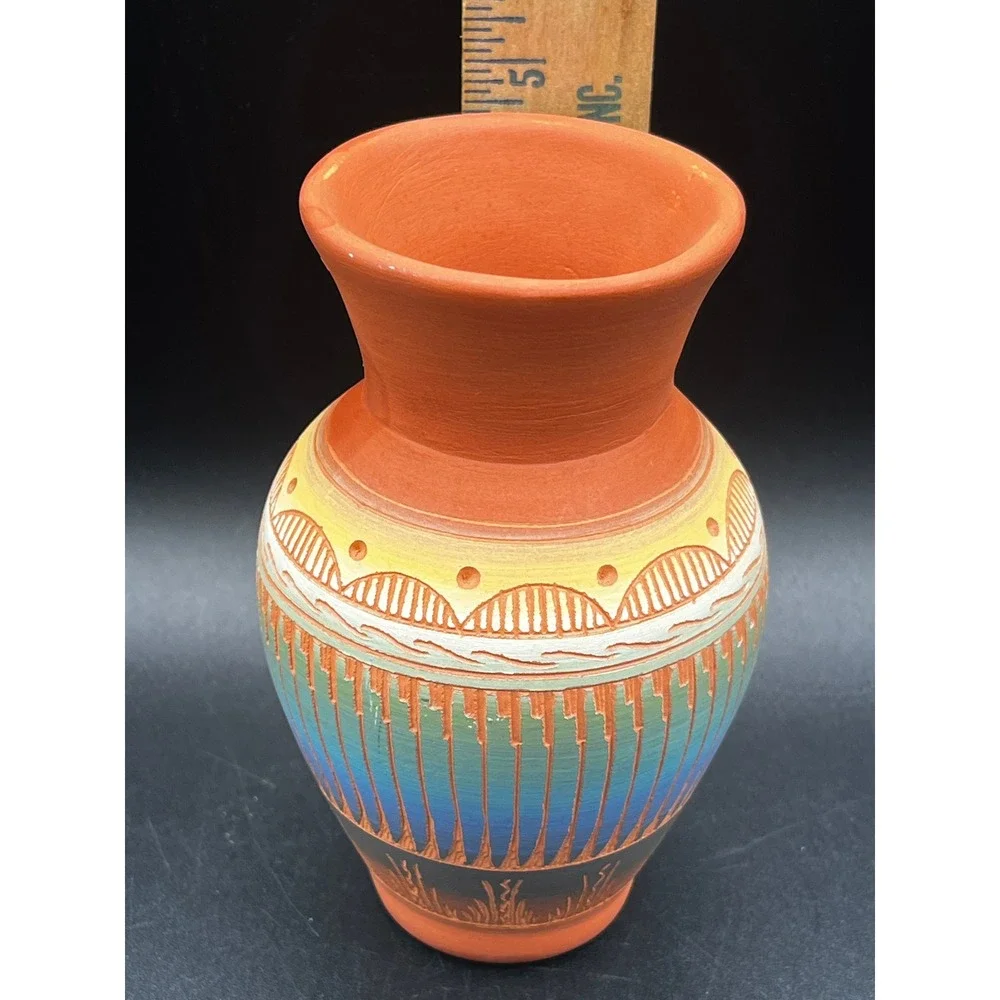 E.M. Dine 2003 Signed Terracotta Sgraffito Pottery Vase Southwest 4.75